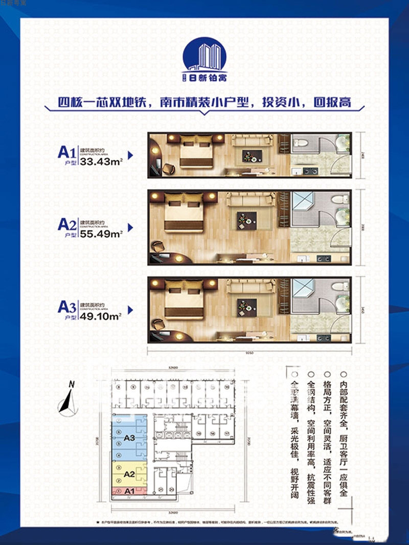 日新粵寓A1、2、3戶型1室1廳1衛(wèi)1廚 建面33.43㎡